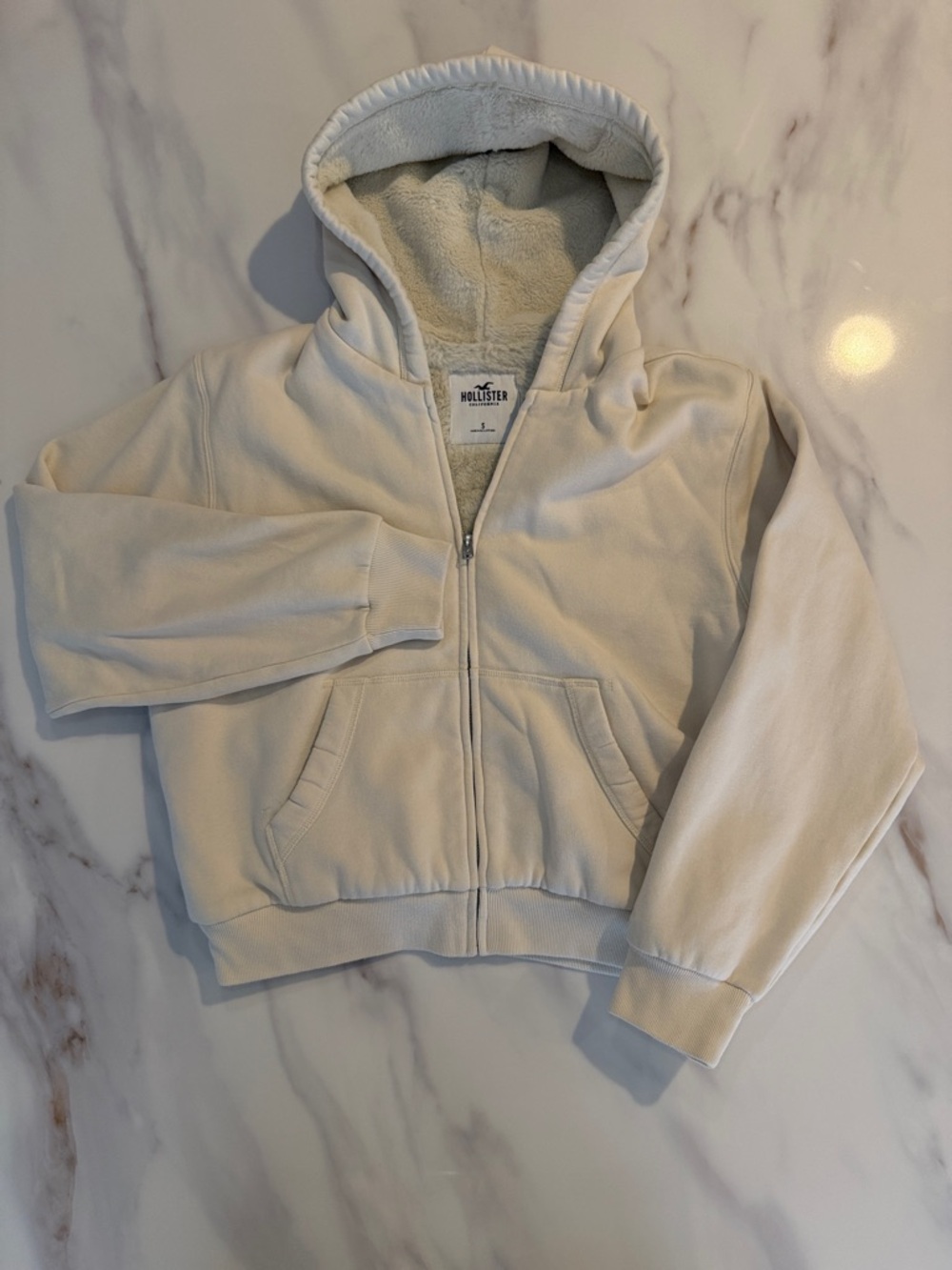 Hollister Feel Good Sherpa-Lined Full Zip Hoodie Sweatshirt Small Cream White